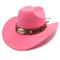 Detail of pink suede cowboy hat with bull head emblem and star rivets on leather band - M (56-58cm) / Fluorescent Pink