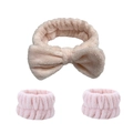 Close-up of soft pink microfiber headband with bow and matching wrist washbands - Bud Pink Headband & Wristbands Set