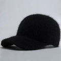 Women's black faux rabbit fur knitted baseball cap with warm fluffy texture and soft top - Adjustable / Black