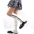 Stylish white knitted leg warmers with vertical stripes and a side metal zipper - One Size / White