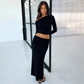 Women's chic black two-piece set featuring off-shoulder long sleeve top and maxi skirt - S / Black