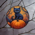 Ornement de voiture rond en acrylique avec chat noir et citrouille décorative - Chat Noir Citrouille (1)