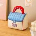 Beauty case in velluto a coste beige e trapuntato blu con manico Lucky e cagnolino - Blu