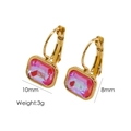 Golden rectangular huggie earrings with radiant pink zircon stone 10mm width - Red Opal