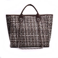 Chic tricolor tweed tote bag with leather handles and silver chain strap on white background - Coffee