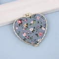 Heart-shaped folding makeup mirror featuring blue floral fabric and silver metal frame - Heart / Heart Blue