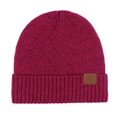 Winter rose pink knitted beanie hat with a brown faux leather snowflake label - Burgundy