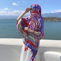Ethnic printed cotton linen shawl scarf with red tassels for beach sun protection - 180*90CM / 39230-Color Wave Stripe