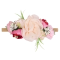 Soft nylon baby headband with cream and pink faux flowers and green leaf accents - Style 40 (40)