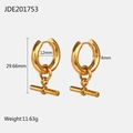Detail view of gold geometric hoop earrings with T-bar pendant and size specifications - T-Bar Geometric Style (JDE201753)