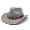 Detail of grey suede cowboy hat featuring a leather band with metal bull head emblem - M (56-59cm) / Gray