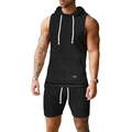 Heren zomer zwart mouwloos gebreid vest met capuchon en korte broek met wafeltextuur - S / Zwart