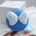 Blue plush round coin purse with sequin bow and plastic clip hook for women - Blue