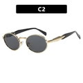Oval gold metal sunglasses with dark gray lenses and black ear tips, model C2 - Gold Frame Grey Lens