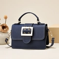 Navy vintage leather square handbag with large gold buckle and contrast stitching - Blue
