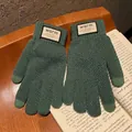 Thick dark green knitted gloves with light green fingertips and warm label decoration - Green