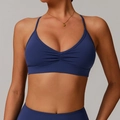 Quick-dry V-neck yoga bra in navy blue with ruched front and thin criss-cross straps - S / Navy Blue