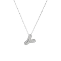 Macro shot of silver bubble letter Y pendant with micro-pave cubic zirconia stones - Letter Y