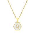 Gold stainless steel necklace with hexagonal shell pendant featuring letter Q - White Shell Q