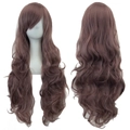 Long wavy deep mauve cosplay wig with side bangs, front and back view on white background - Pink Purple