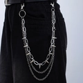 Punk meerlaagse zilveren metalen tailleketting met scherpe spikes op zwarte denim jeans - X500-2 Zilveren Drievoudige