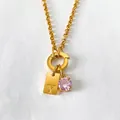 14K gold plated stainless steel necklace with letter Y and pink crystal pendant - Letter Y