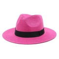 Detail of a rose pink straw fedora hat featuring a stylish black grosgrain ribbon band - M (56-58cm) / Rose Red
