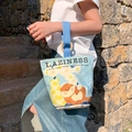 Blue canvas bucket bag with cute otter print and wooden ring handle detail - Red Panda
