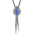 Detail of blue oval turquoise stone in silver crown bezel on a black leather bolo tie - Snowflake Gem