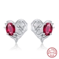 S925 sterling silver heart earrings with ruby-red stones and embossed Love lettering - Ruby Heart Stud - Silver