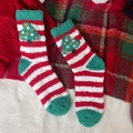 Plush Christmas coral fleece socks with green tree embroidery and red striped pattern - One Size / Striped Christmas Tree