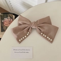 Elegant champagne satin bow hair claw clip with pearl accents for women's hairstyles - Pink Pearl Double Bow Spring Clip