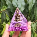 Purple resin crystal pyramid ornament with golden Buddha and lotus pattern base - Style 10