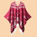 Detail of red knitted poncho with grey geometric patterns and white fringe tassels - 130x150cm / Pullover Western Red