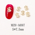 Macro detail of gold dollar sign nail charms on red nail with 5x7.5mm size indicator - Gold Mini Embossed Dollar (A697)