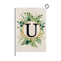 Garden flag with leaf pattern and golden letter U printed on linen texture fabric - Letter U