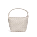 Elegant ivory hand-woven bucket bag with minimalist leather weave and top handle design - Sand