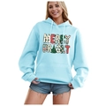 Light blue Merry Bright Christmas hoodie with drawstring hood and festive tree print - S / Tops / Light Blue