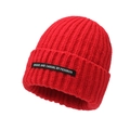 Unique red knit beanie for women featuring a black woven label and casual folded cuff - One Size / Red