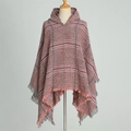 Macro detail of red and black plaid poncho with woven texture and fringe tassels - Peach (WT144-2)