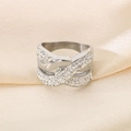 Silver wide criss-cross ring with sparkling clear rhinestones on soft silk - Silver Wide Crossover Full Rhinestone Style (KR53406-K)