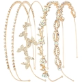 Detail view of five golden bridal headbands with sparkling rhinestones in diverse patterns - AB Rhinestone Gold 4-Piece Set Style 11#