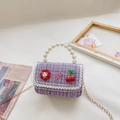 Winter purple tweed crossbody bag with pearl handle and lace trim for kids - Purple With Camellia