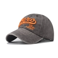 Detail of vintage washed grey cotton baseball cap with orange 3D embroidery branding - Coffee