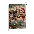 Christmas garden flag with sleeping tabby cat on linen fabric for outdoor decor - Christmas Cat