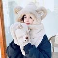 Beige 3-in-1 winter plush set featuring a bear ear hat, scarf, and warm mittens - Adult Thickened Bear Version / White