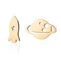 Polished gold stainless steel mismatched stud earrings with rocket and planet designs - 135 Rocket - Gold