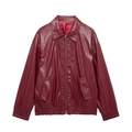 Veste bomber en cuir tressé bordeaux avec col classique et fermeture éclair métallique - S / Bordeaux