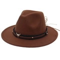 Detailed view of the brown wool fedora hat with metal bull head buckle and studs - M (56-58cm) / Coffee