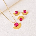 Retro hammered gold jewelry set with magenta square stones including necklace and earrings - Rose Red Zirconia Set